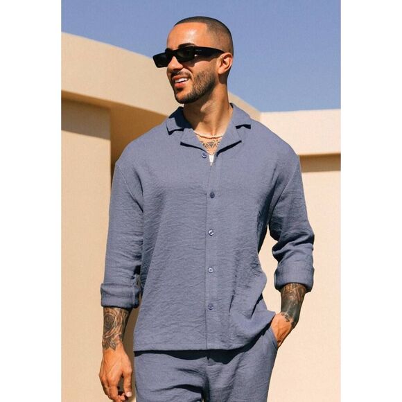 Mauvais Fiorano Relaxed Fit Textured Long Sleeved Shirt in Storm Sz 5XL - Picture 2 of 8